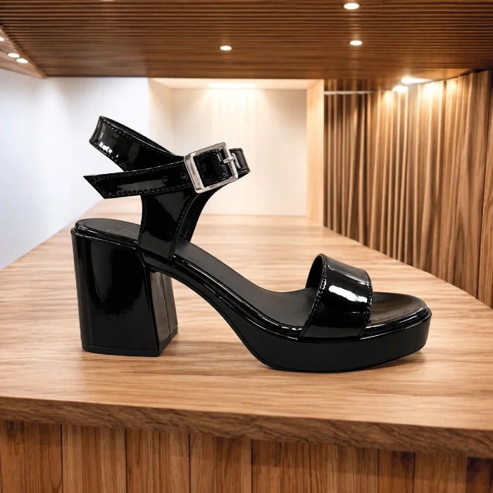Sandalias Plataforma Media Negras Charol