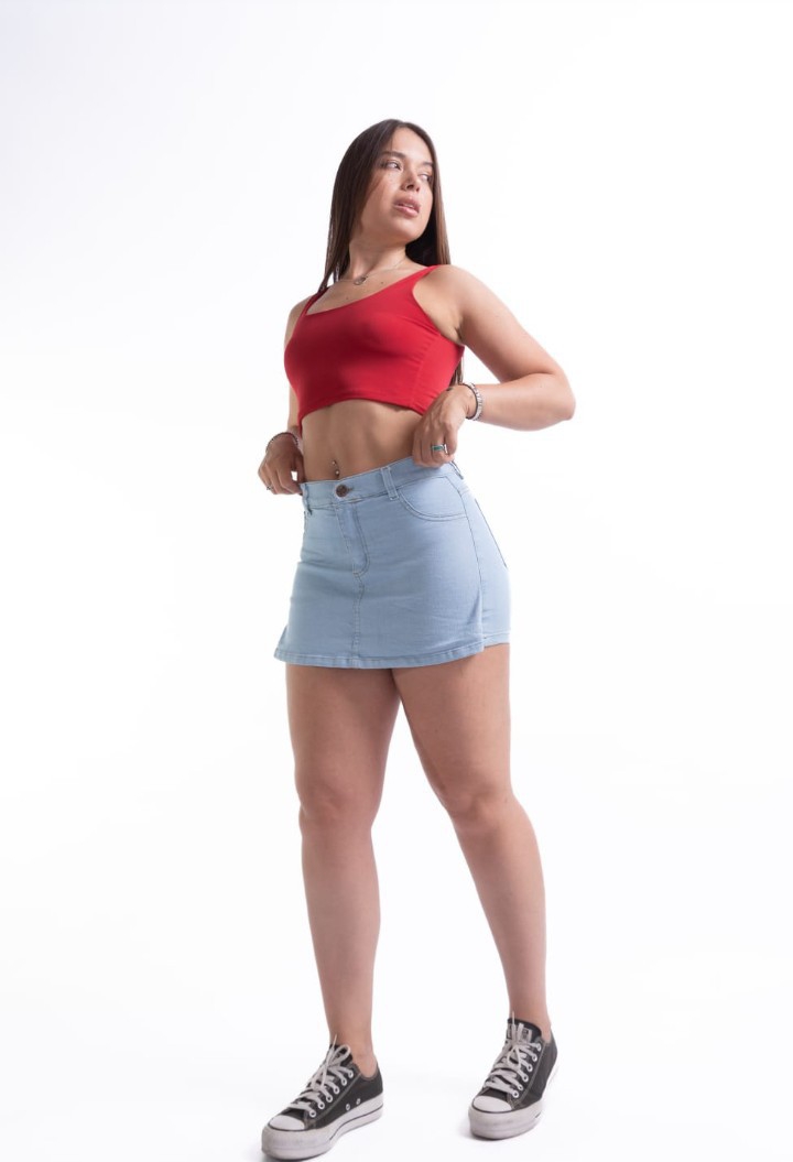 Short Pollera Jean Celeste Dama Elastizado - Imagen 2