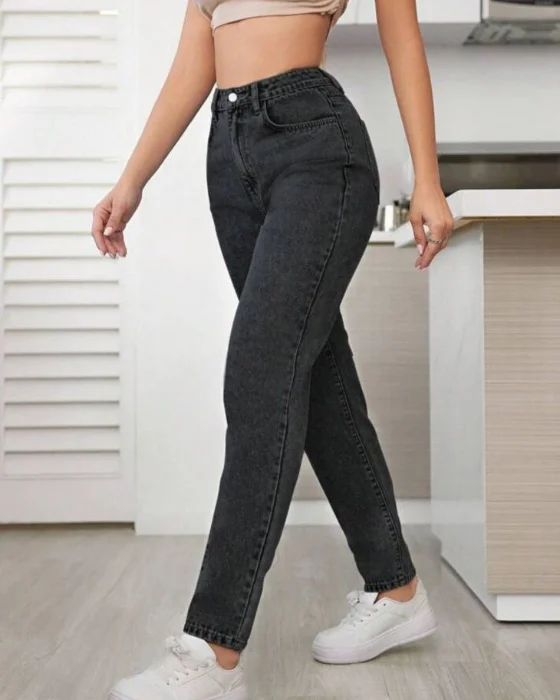 Jean Mom Gris Rígido Oscuro Dama