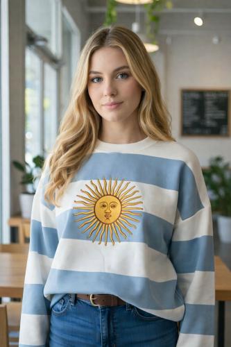 Buzos Rayados de Argentina con el Sol de Mayo Bordado Friza Peinada Premium - Miniatura 2