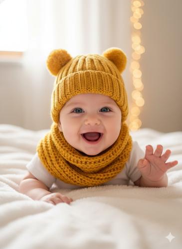Gorro de Lana Dos Pompón + Cuello Infinito para Bebe, Invierno, Conjunto - Miniatura 2