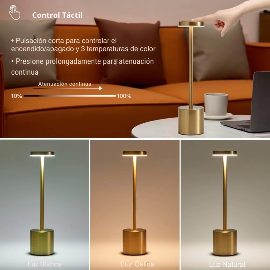 Lampara Velador Led Recargable 3 Tonos Tactil - Imagen 2